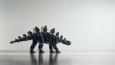 A robotic stegosaurus showcases its mechanical features on a smooth surfaceの素材