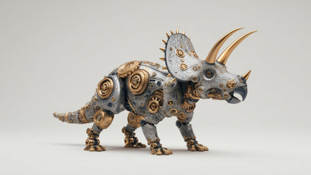A mechanical dinosaur with intricate gears blends nature and technology creativelyの素材