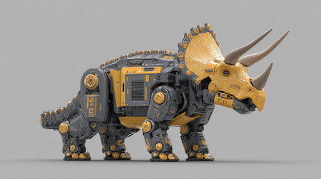 A mechanical triceratops stands energetically, showcasing advanced technology and robotic designの素材
