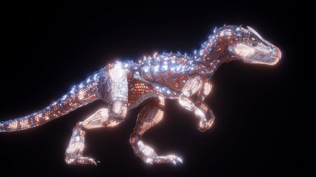 A robotic dinosaur roams a digitally created terrain, combining ancient themes with modern techの素材