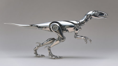 A shiny robot dinosaur moves dynamically, illustrating a blend of technology and creativityの素材