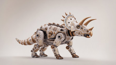 A robotic dinosaur model blends technology with unique mechanical features, showcasing creativityの素材