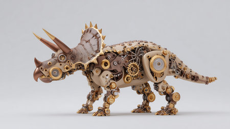 A robotic dinosaur model features detailed gears and metallic elements, merging art with technologyの素材