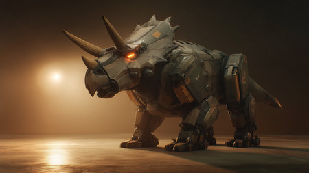 A robotic triceratops stands out in low light with its stunning design and detailの素材