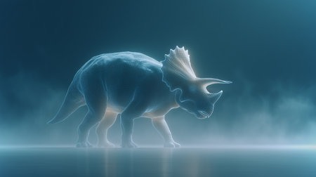 A mechanical dinosaur moves slowly through a foggy environment during the eveningの素材