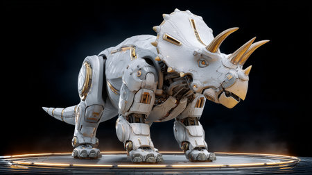 A robotic dinosaur stands prominently, displaying innovative design and technology featuresの素材