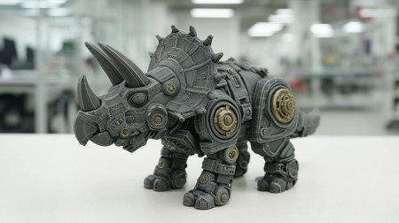 A detailed mechanical triceratops stands on a workbench in a modern technology workshopの素材