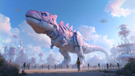 A giant mechanical dinosaur towers over a bustling futuristic city of advanced techの素材