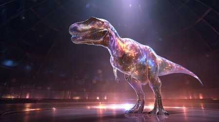 A vivid robotic dinosaur shines in a high-tech setting, full of intricate detailsの素材