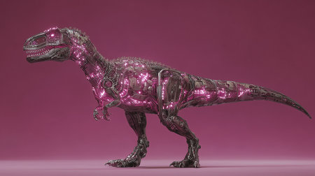 A robotic dinosaur with glowing details stands out against a pink backgroundの素材