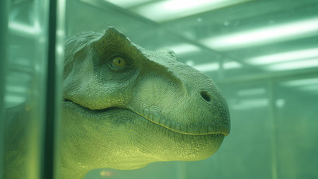 A tech dinosaur is housed in a lab with soft green lighting.の素材