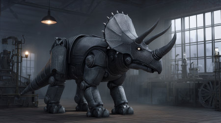 A robotic triceratops is on display in a workshop filled with high-tech machinery and toolsの素材