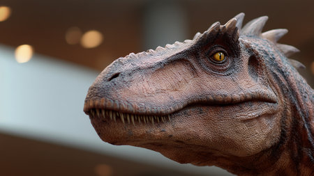 An intricate robotic dinosaur head displays lifelike features and cutting-edge technologyの素材