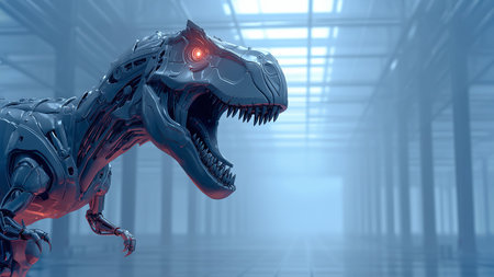A futuristic dinosaur robot roars in an industrial space filled with advanced technologyの素材
