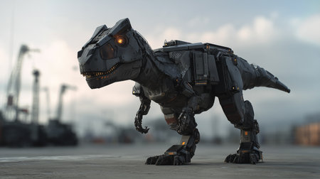 A robotic dinosaur poses in an industrial area, blending technology with prehistoric inspirationの素材