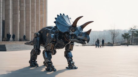 A robotic dinosaur resembling a triceratops stands on a plaza in a modern city settingの素材