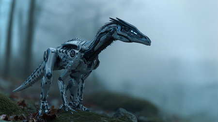 A sleek robotic dinosaur stands amidst dense fog in a forest, showcasing advanced technologyの素材