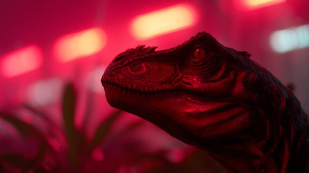 A lifelike robotic dinosaur head showcases its intricate design illuminated by vibrant neon lightsの素材