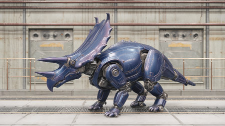 A mechanical triceratops in a high-tech setting showcases innovative design and engineeringの素材