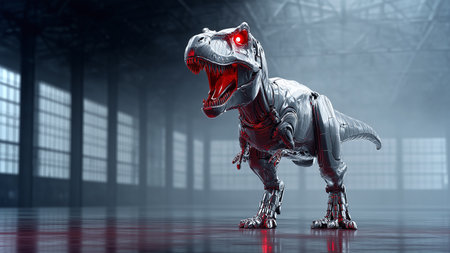 A robotic dinosaur displays its metallic design and glowing red eyes in a large industrial spaceの素材