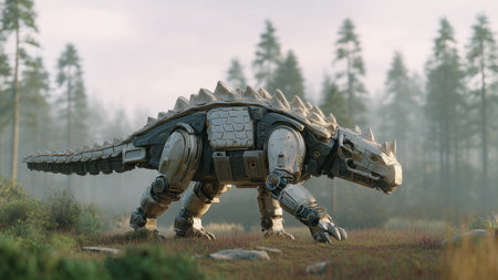 A robotic dinosaur strides across a foggy forest floor, blending technology with natures beautyの素材