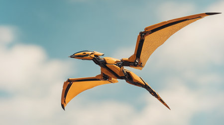 A robotic dinosaur glides gracefully in the clear blue sky, showcasing its detailed featuresの素材