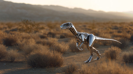 A robotic dinosaur walks through an arid desert, highlighted by a setting sun and rugged terrainの素材