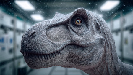A detailed, mechanical dinosaur head reveals intricate designs in a futuristic laboratory settingの素材
