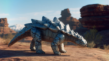 A robotic dinosaur explores a rugged canyon landscape, showcasing advanced technologyの素材