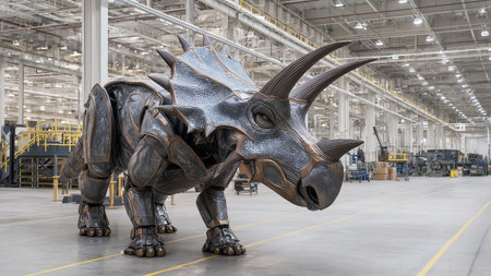 A life-sized robotic dinosaur showcases modern engineering inside a spacious factory settingの素材