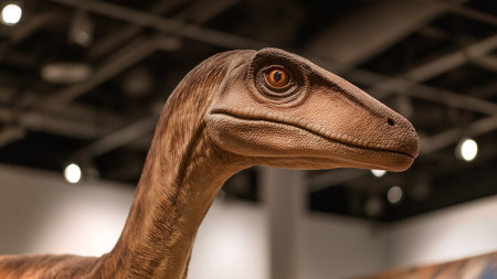 A lifelike robotic dinosaur model attracts visitors in a modern museum exhibitの素材