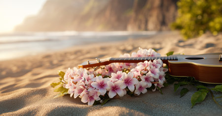 Enjoying a serene beach sunset with flowers and a ukulele on the sand Generative AIの素材