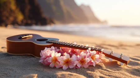 Tropical beach vacation with ukulele and flower lei during sunset by the ocean Generative AIの素材