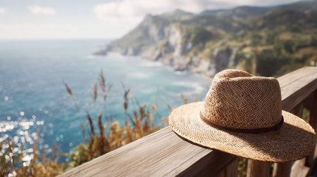 Enjoying a serene coastal view with a straw hat resting on a wooden railing Generative AIの素材