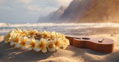 Relaxing vacation on a sunny beach with ukulele and floral lei Generative AIの素材