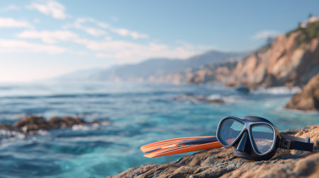 Snorkeling gear resting on a rocky beach with waves and mountains in the background Generative AIの素材
