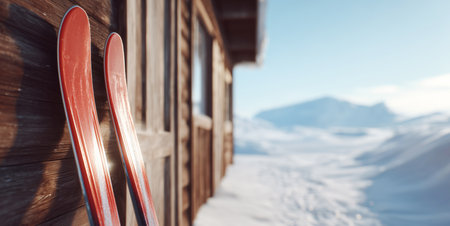 Perfect winter getaway with skiing equipment and stunning mountain view Generative AIの素材
