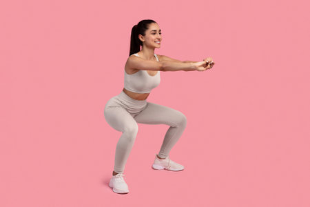 Smiling Young Lady Doing Deep Squat Exercise