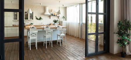 Airy light kitchen or dining room interior design in modern Scandinavian minimalistic style, banner...