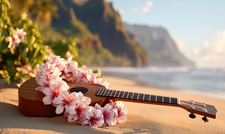 Tropical beach setting with ukulele and floral lei during sunset Generative AIの素材