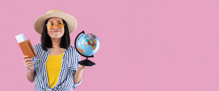 Dreamy asian woman holding passport with boarding pass and globeの写真素材
