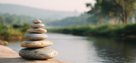 Tranquil stones stacked near calm river during peaceful vacation season Generative AIの素材