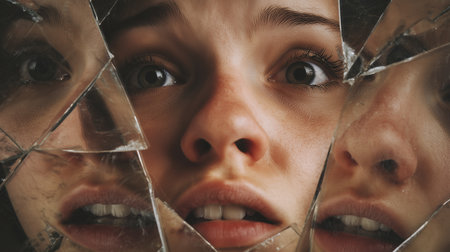 A person stares into broken glass, revealing multiple reflections filled with fear and anxietyの素材