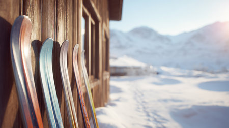 Ski equipment lined up against a rustic cabin in a snowy landscape during winter Generative AIの素材