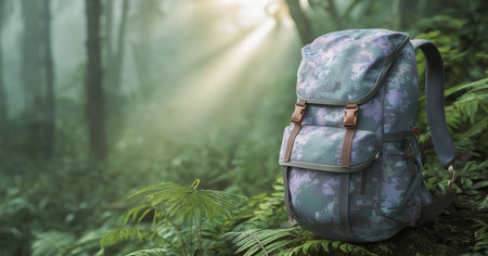 Backpack resting in a serene forest with sun rays filtering through trees Generative AIの素材
