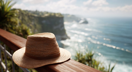 Relaxation under the sun with a straw hat near the ocean during vacation season Generative AIの素材