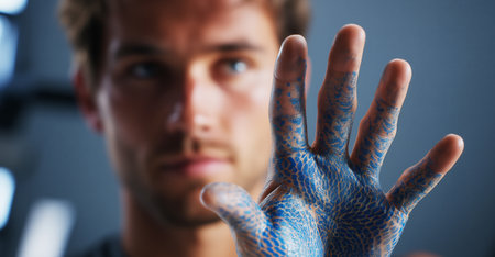 Futuristic biotech modifications showcased on a mans hand with nanopigments Generative AIの素材
