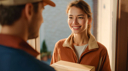 Delivery person hands over a parcel to a smiling woman at her home entrance Generative AIの素材