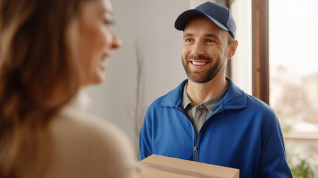 Delivery person brings a parcel to a smiling customer in a home environment Generative AIの素材