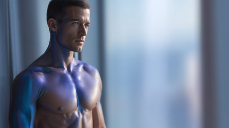 Man with futuristic biotech modifications using nanopigments in urban setting Generative AIの素材